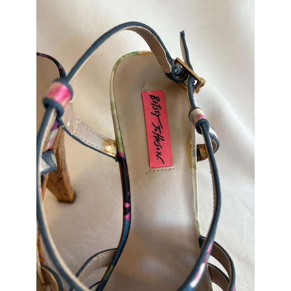 Betsey Johnson Floral Rose Cork Platform Sandals Multi Color Leopard Sole